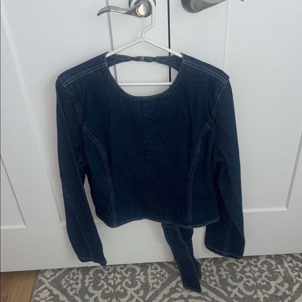 NEW Lioness Dark Blue Denim Long-Sleeve Crop Top with Back Tie